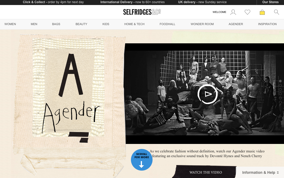 Selfridges click and collect on homepage