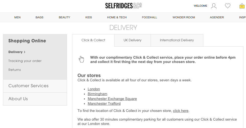 Click and collect at Selfridges - delivery information
