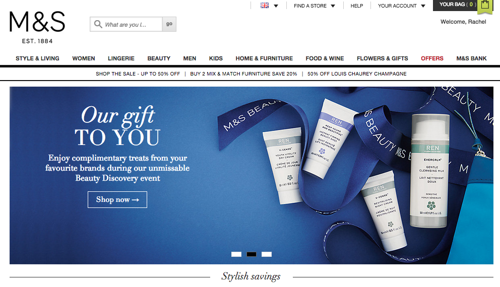 Marks and Spencer homepage has no click and collect information