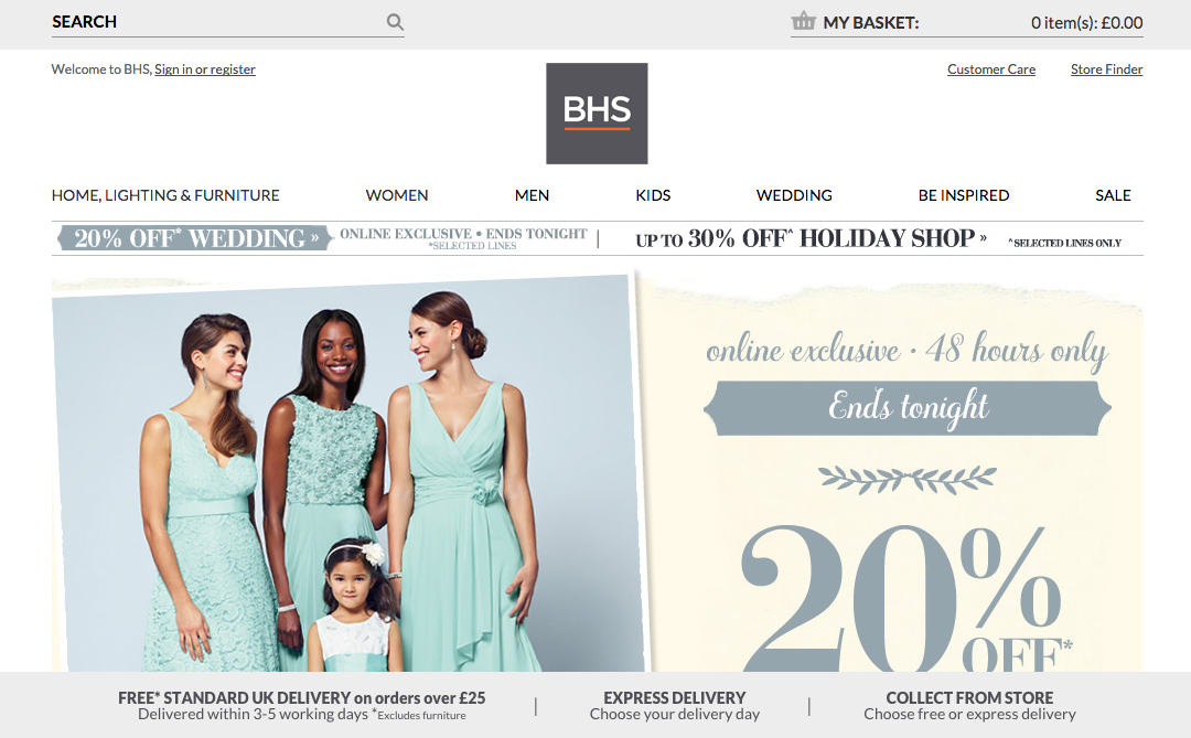 BHS click and collect homepage